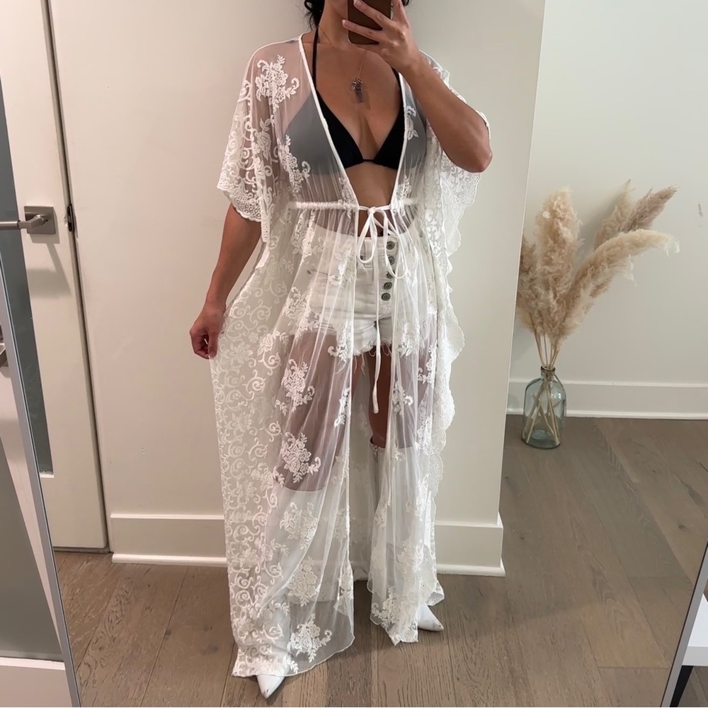 Forever 21 - White Lace Sheer Long Cardigan / Cover Up